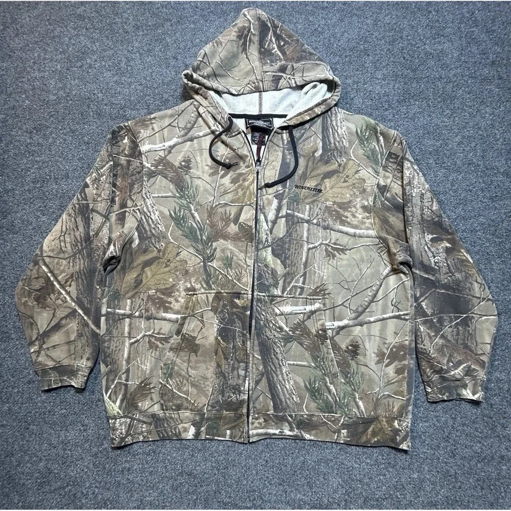 Vintage Winchester Realtree AP Camo Full Zip Up Hoodie Mens 2XL Y2K Light Weight